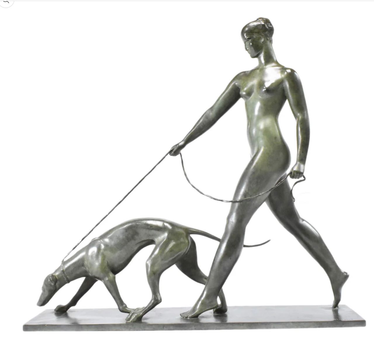 Art Deco Sculpture by Raymond Leon Rivoire Titled 'FEMME AU LEVRIER'